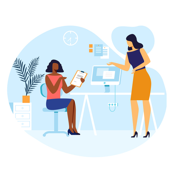 Female Colleagues Conversation Vector Illustration. Young Businesswomen, Office Workers Cartoon Characters. Company Staff Communication, Corporate Matters Discussion. Boss Talking with Secretary